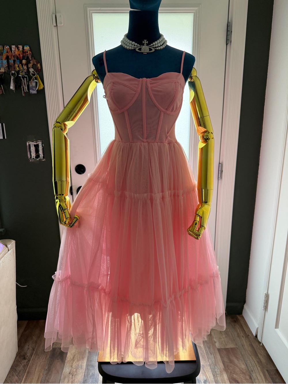 Forever 21 Pink Tulle Midi Dress with Corset Bodice (necklace not included)
